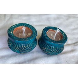 Wax Teal Terracotta Matki Diya | Diva| Diya for Deepavali Puja Pack of 6