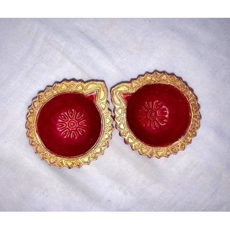 Terracotta Diwali Diya, Hand-painted Lotus theme Diya | Diva| Diya for Deepavali Puja Pack of 2